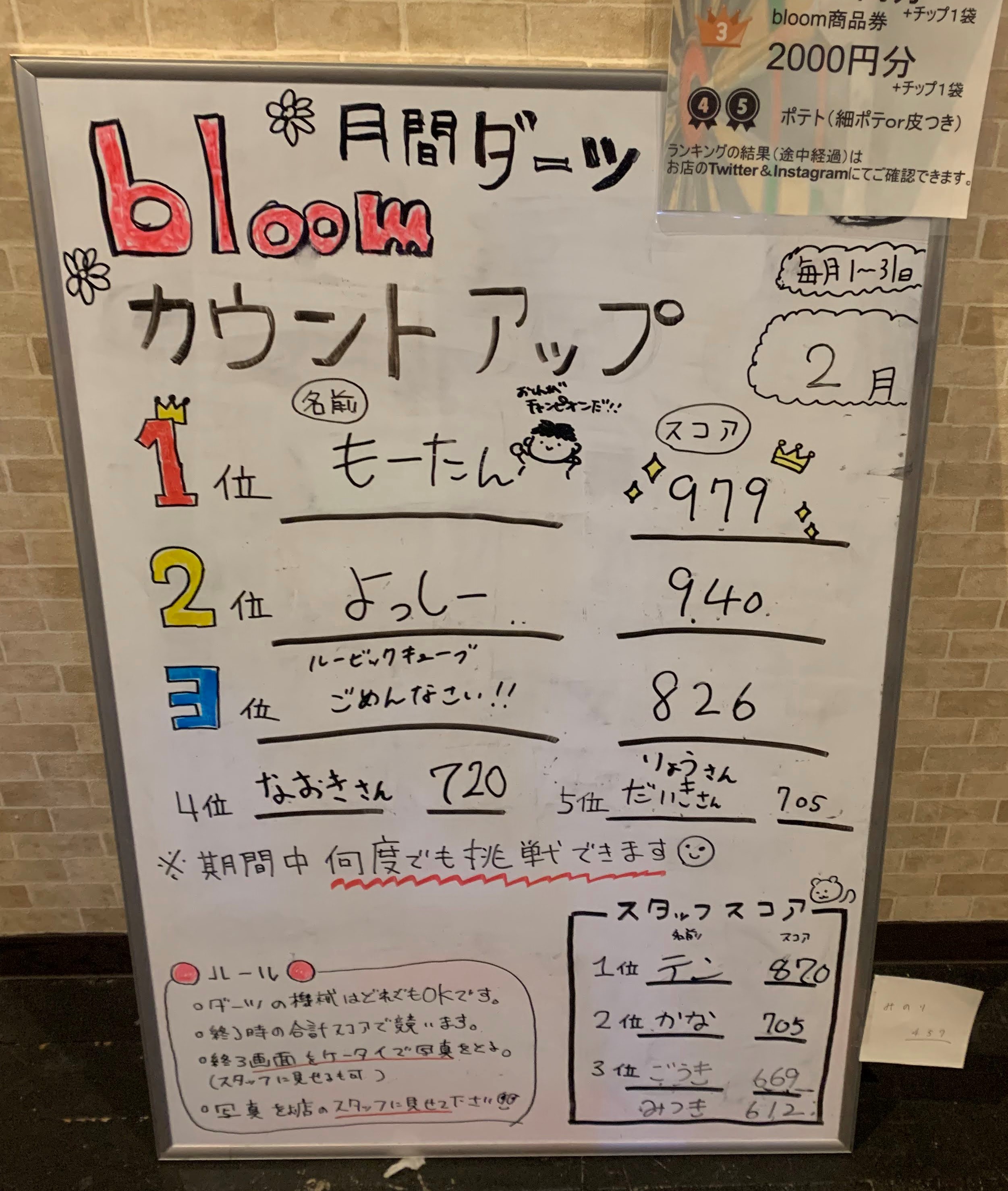 ★bloomダーツランキング2月結果発表★
